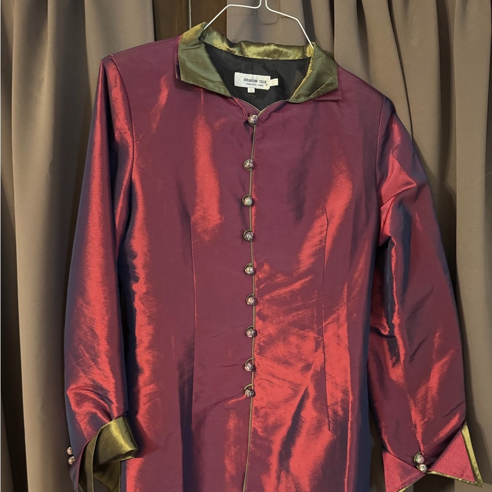 Red and Green Trench Coat with Lustrous Sheen